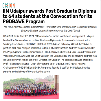 IIM Udaipur awards Post Graduate Diploma to 64 students at the Convocation for its PGDBAWE Program-349x349